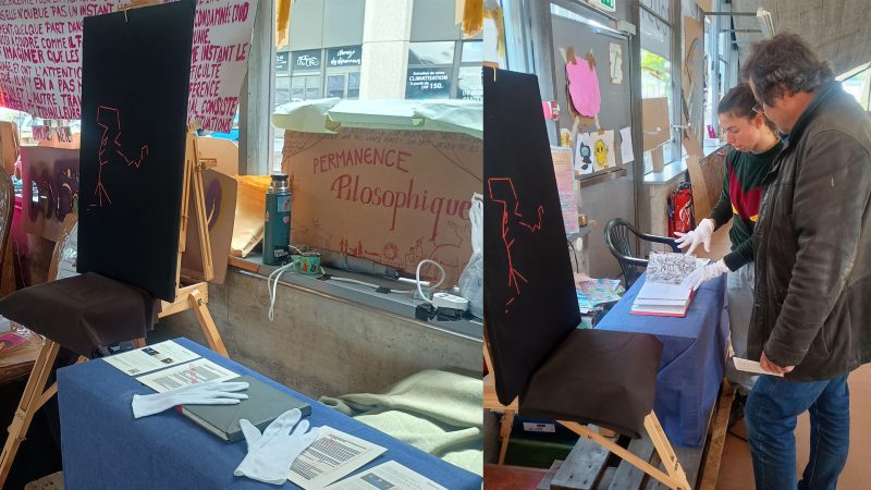alt="FW-Stand, Künstlerbuch "Spuren der Entschöpfung" FW-Wechselinstallation – Gebrauchsspuren/ Pavillon Simone Weil, Genf/Schweiz">
